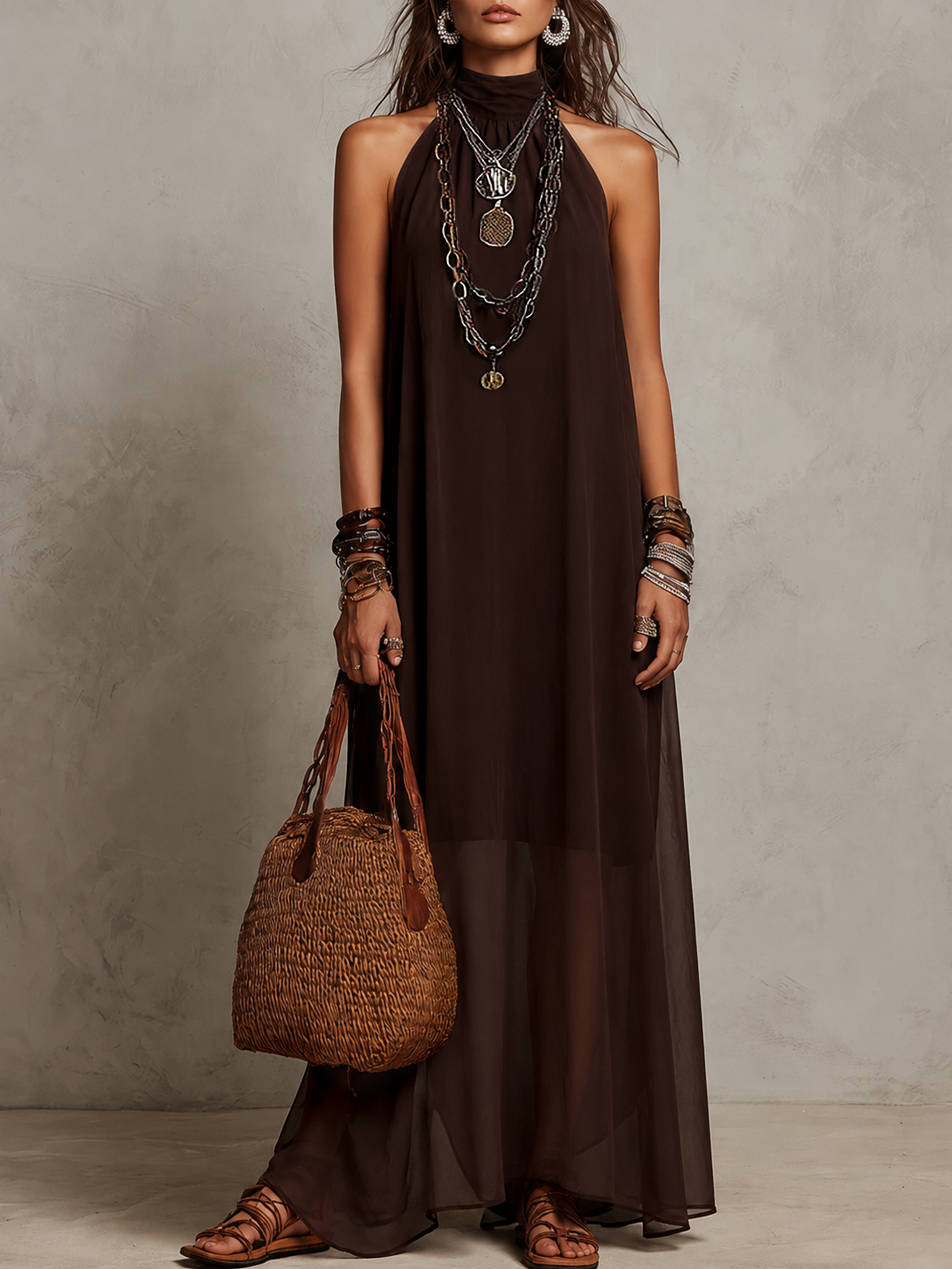 dark brown boho dress Women's Maxi Dress Sundress Summer Dress Vacation Casual Boho Daily Beach Going out Regular Fit Floral Graphic Color Block Long Sleeve V Neck Dark Brown Light Brown Fuchsia Summer Spring 2026