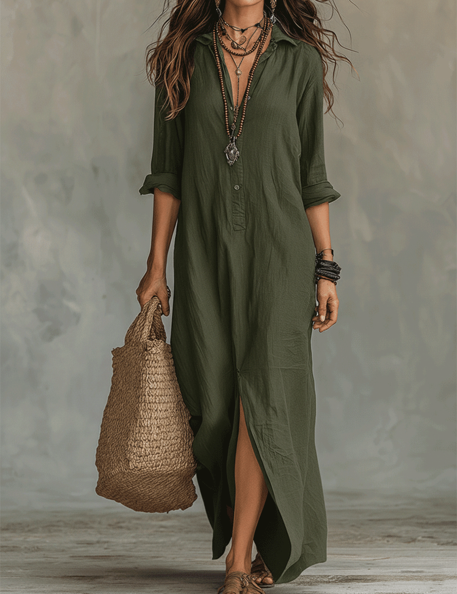 Black Button-Front Bohemian Shirt Maxi Dress