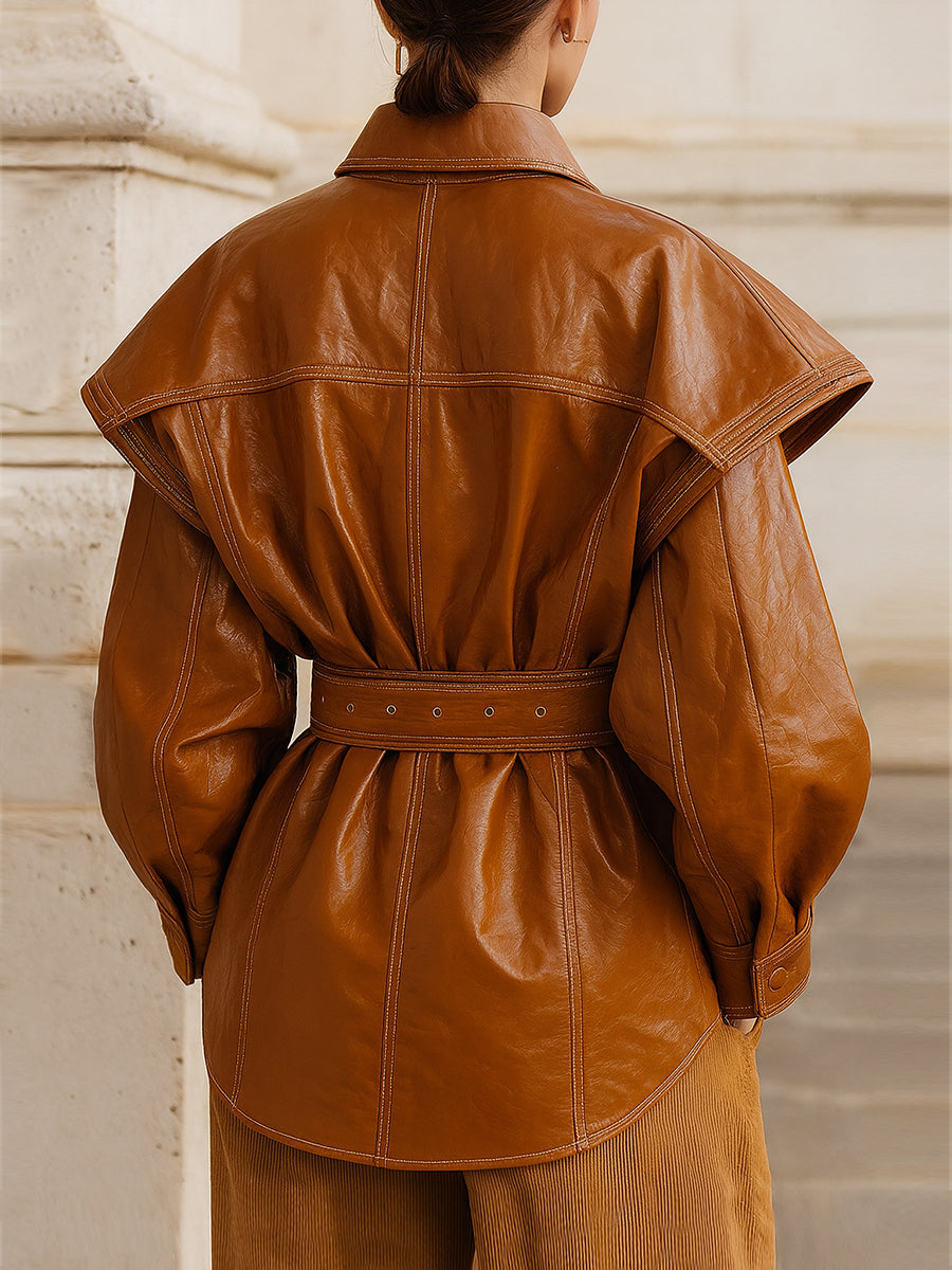Deconstructed Cap-sleeve Cargo Pocket Eco-leather Jacket With Belt