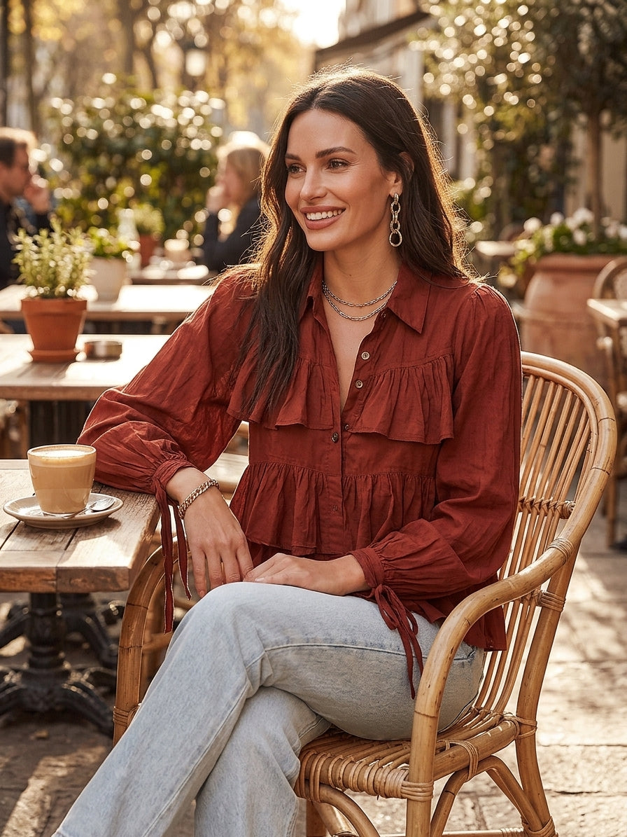 Romantic Boho Cotton Tiered-Ruffle Button-Front Rust Blouse