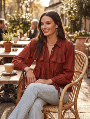 Romantic Boho Cotton Tiered-Ruffle Button-Front Rust Blouse