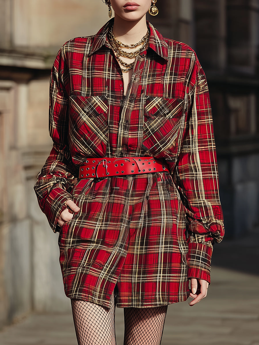 Fashionable Plaid Printed Single-breasted Cotton Shirt Mini Dress