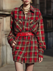 Fashionable Plaid Printed Single-breasted Cotton Shirt Mini Dress