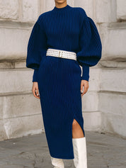 Minimalist Balloon Sleeves Knitted Hem Slit Midi Dress