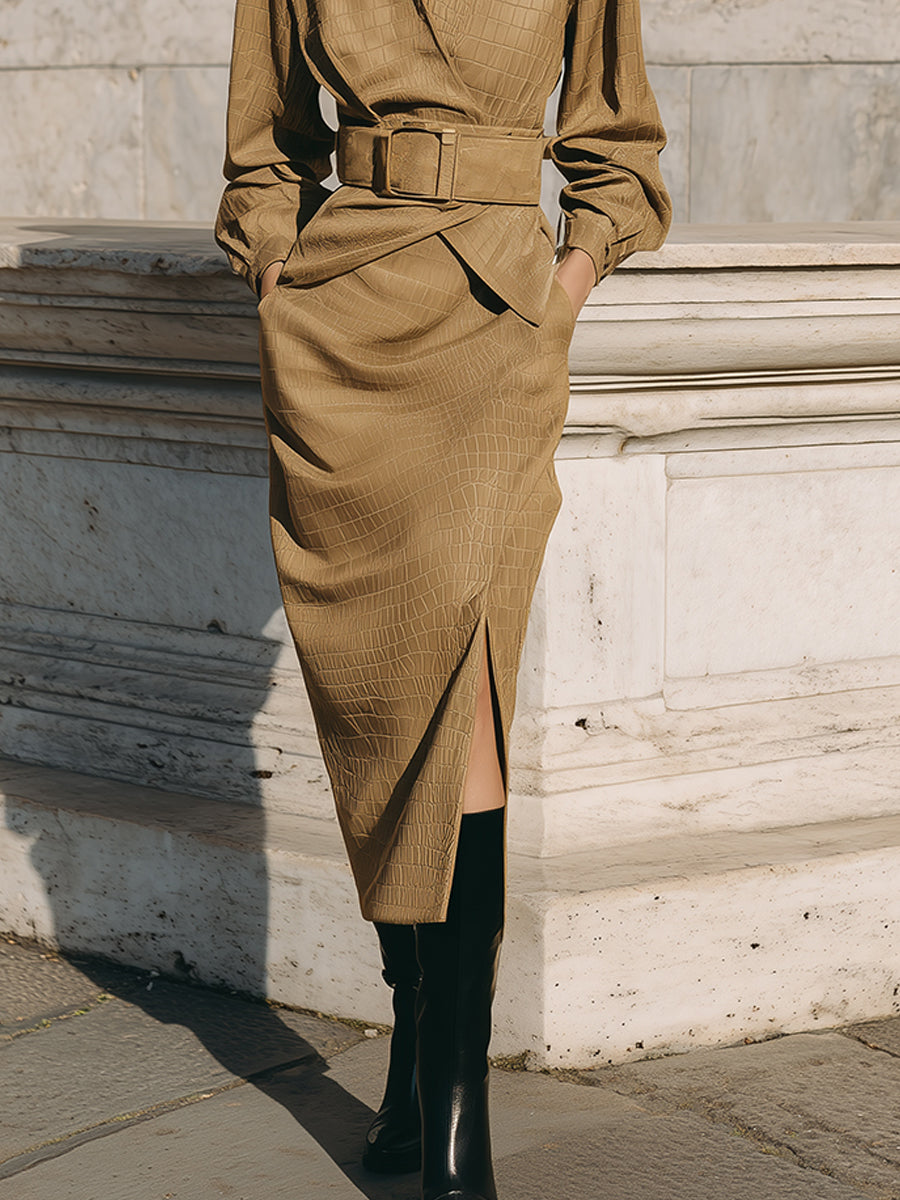 Old Money Crocodile Pattern Blouse & Suede Side Slit Skirt Suit