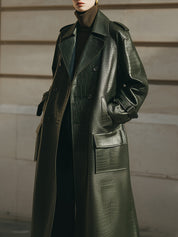 Stylish Crocodile Pattern Eco-leather Straight Mid-length Coat With Flap Pockets
