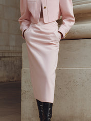Stylish Pinch Pleated Sleeve Short Jacket & Back Slit Pencil Skirt Set