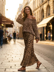 Effortless Chic Open-Knit Off-Shoulder Sweater & Leopard-Satin Brown Two-Piece Set