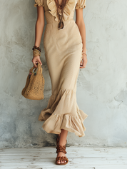 Boho Beige Ruffle V-Neck Puff Sleeve Mermaid Midi Dress