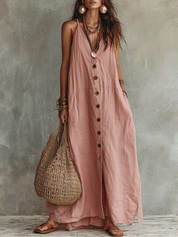 Effortless Bohemian Pink Linen Button Maxi Dress