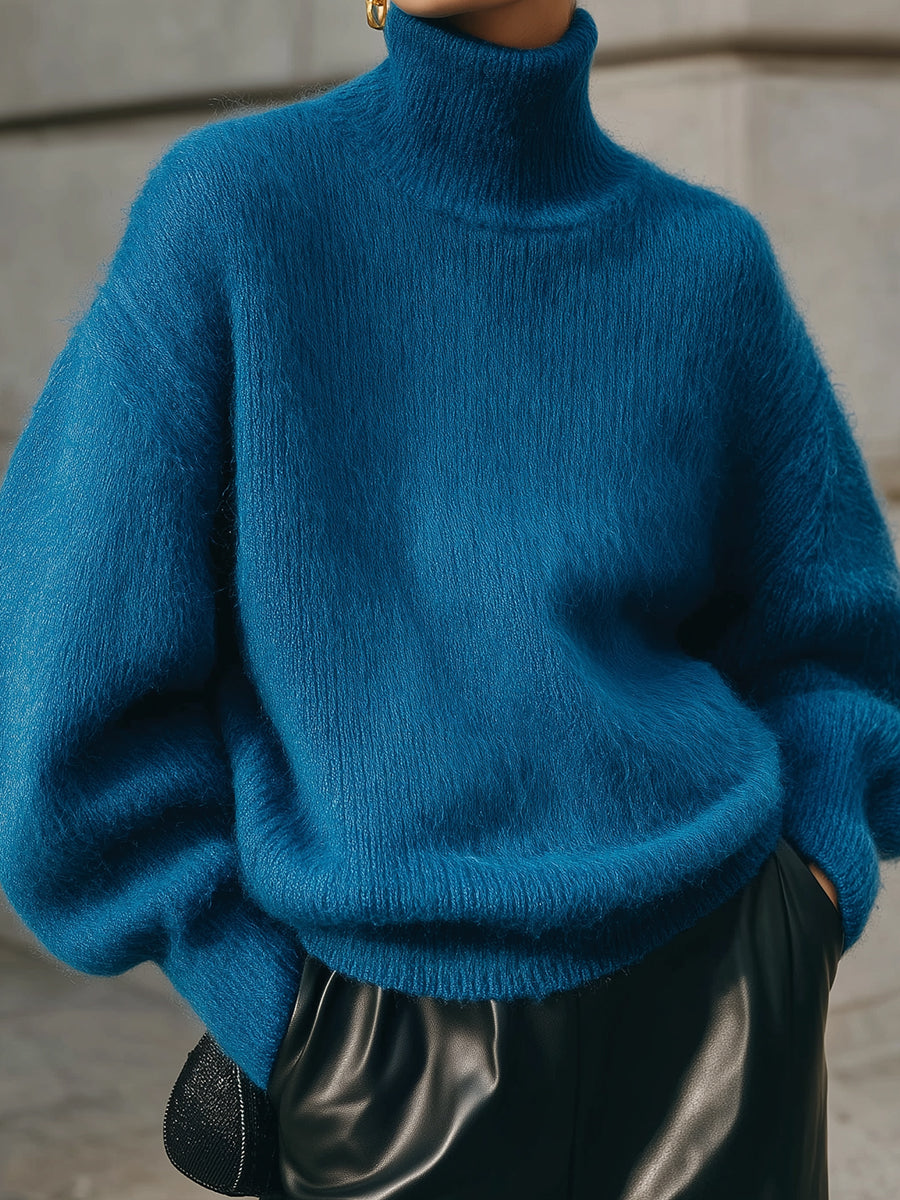 Minimalist Oversized Turtleneck Dropped Shoulder Lantern Sleeve Mohair Sweater