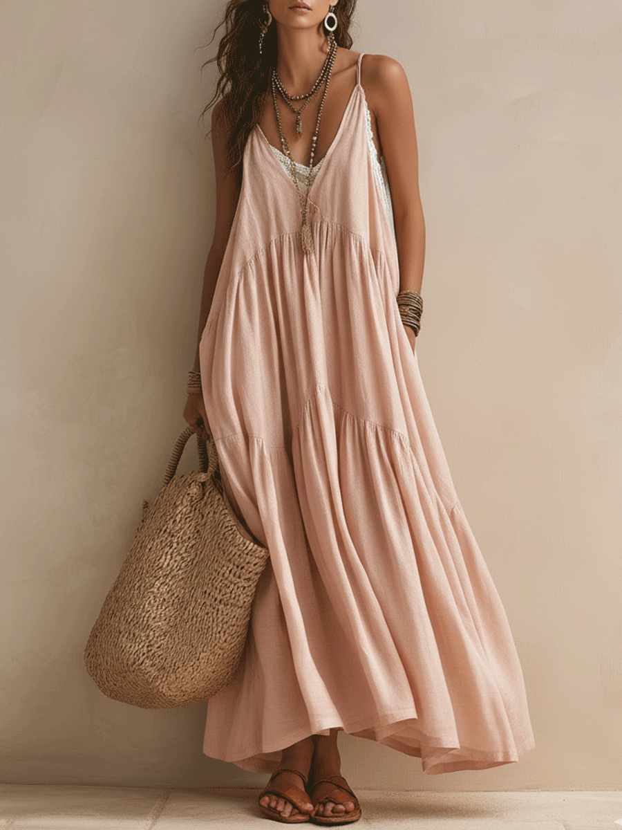 Bohemian Flowing Resort Blush Pink Maxi Dress