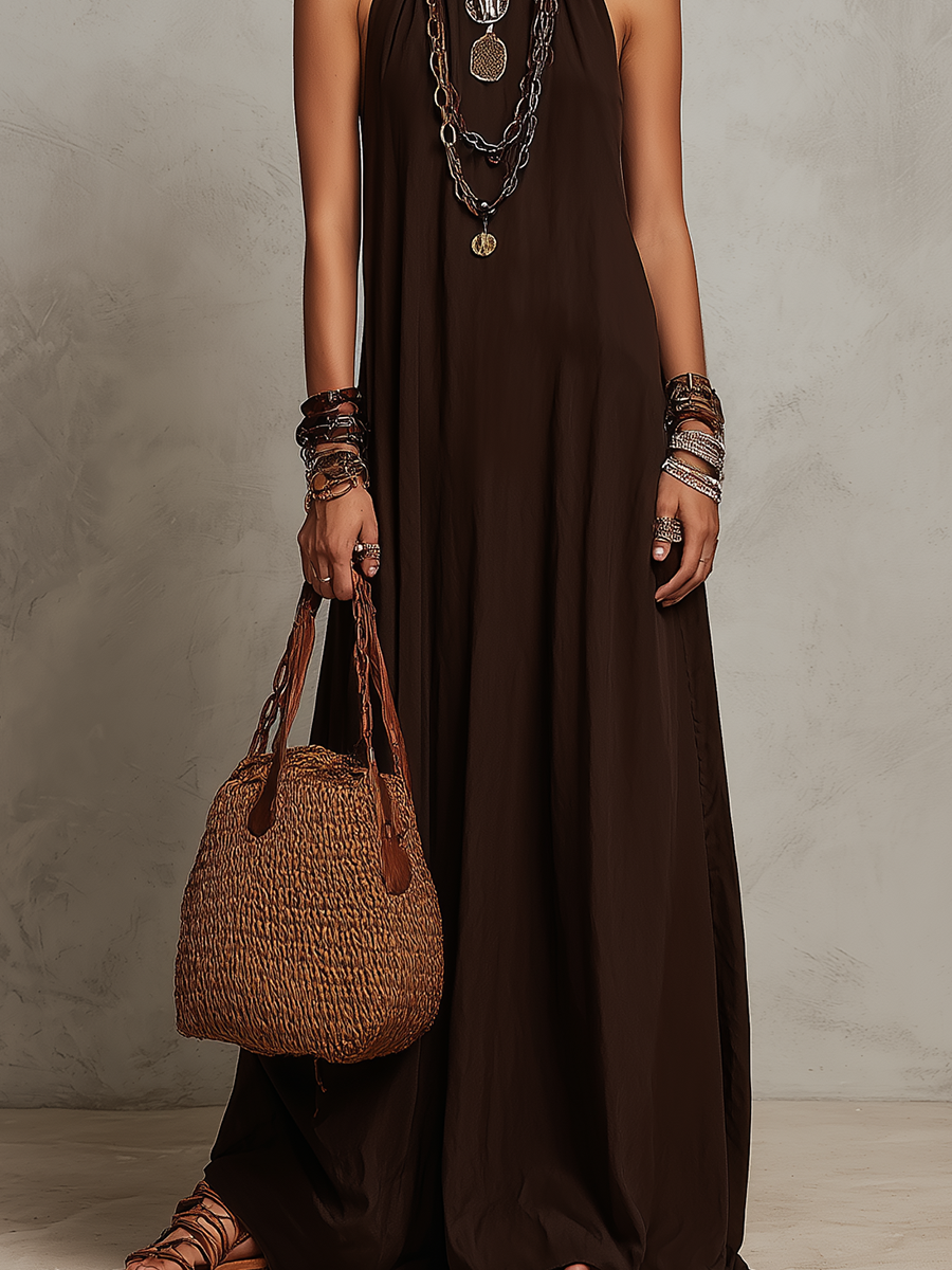 Dark Brown Halter Neck Minimalist Long Dress