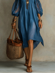 Bohemian Off-Shoulder Sheer Sleeve Midi Dress