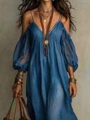 Bohemian Off-Shoulder Sheer Sleeve Midi Dress