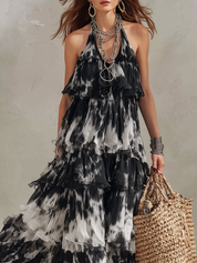 Black And White Tie-dye Halter Neck Layered Ruffle Long Dress