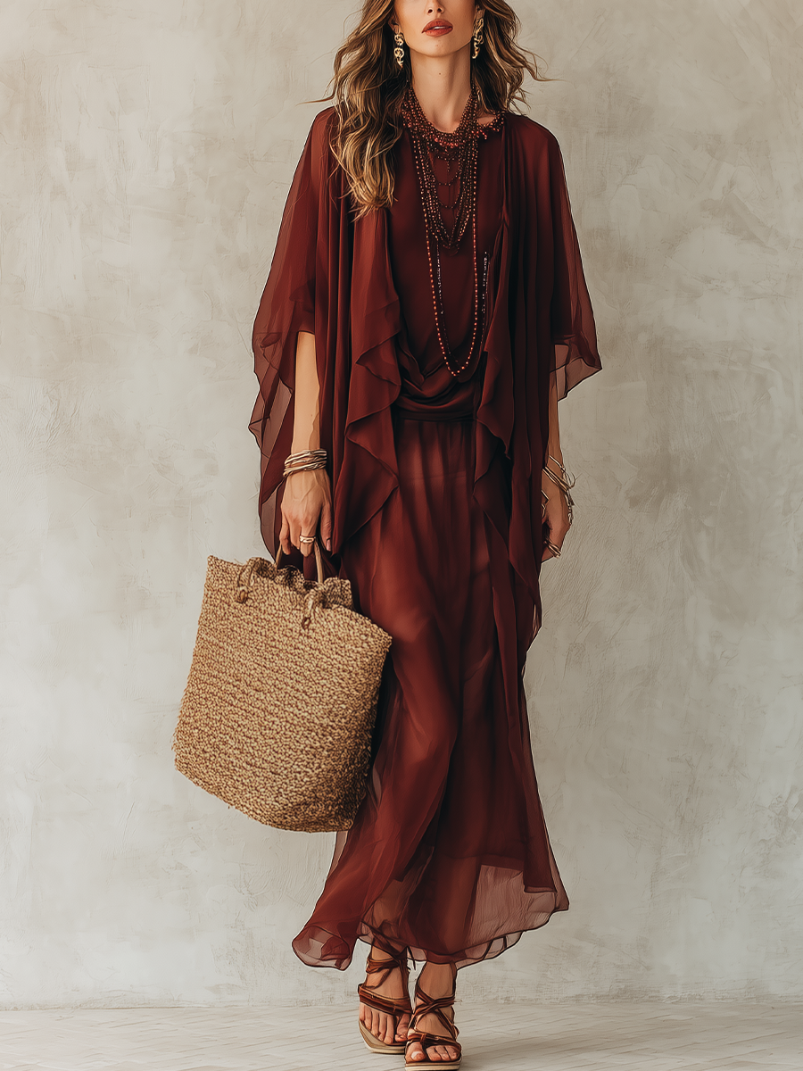 Bohemian Burgundy Layered Chiffon Two-piece Set