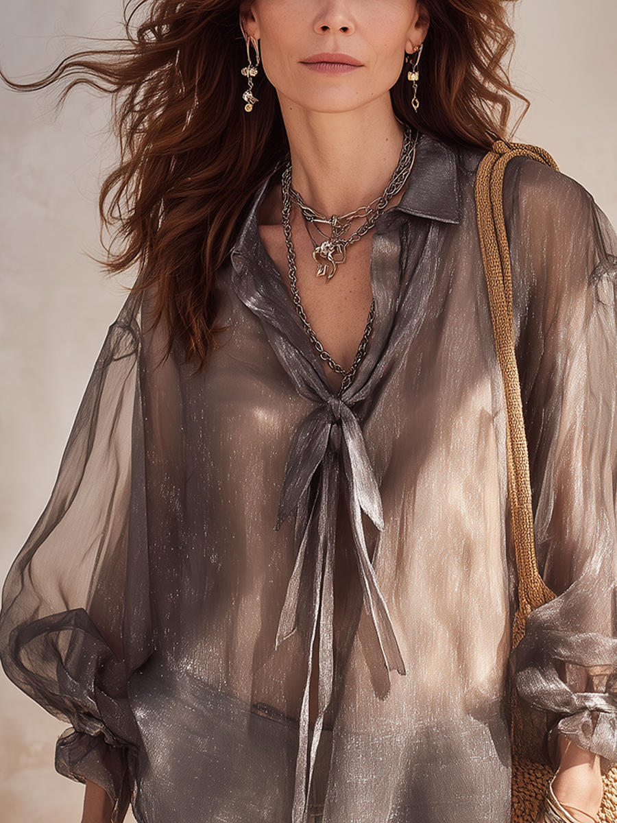 Silver-gray Pearlescent Tie-front Shirt