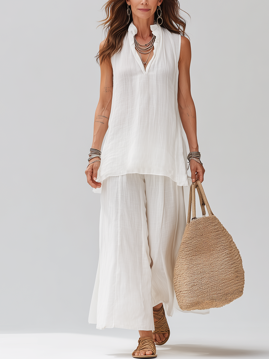 White Sleeveless Linen Top And Wide-leg Pants Suit