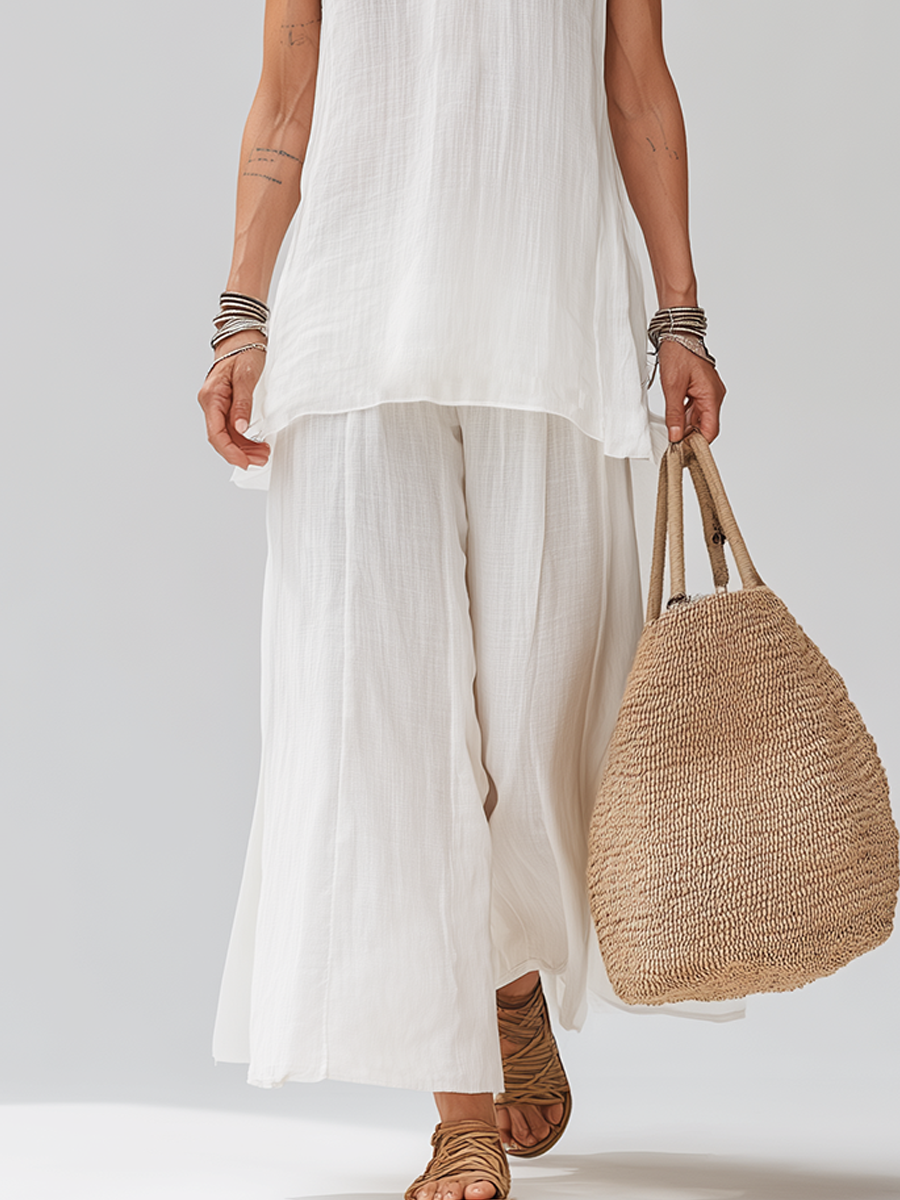 White Sleeveless Linen Top And Wide-leg Pants Suit
