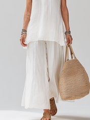 White Sleeveless Linen Top And Wide-leg Pants Suit