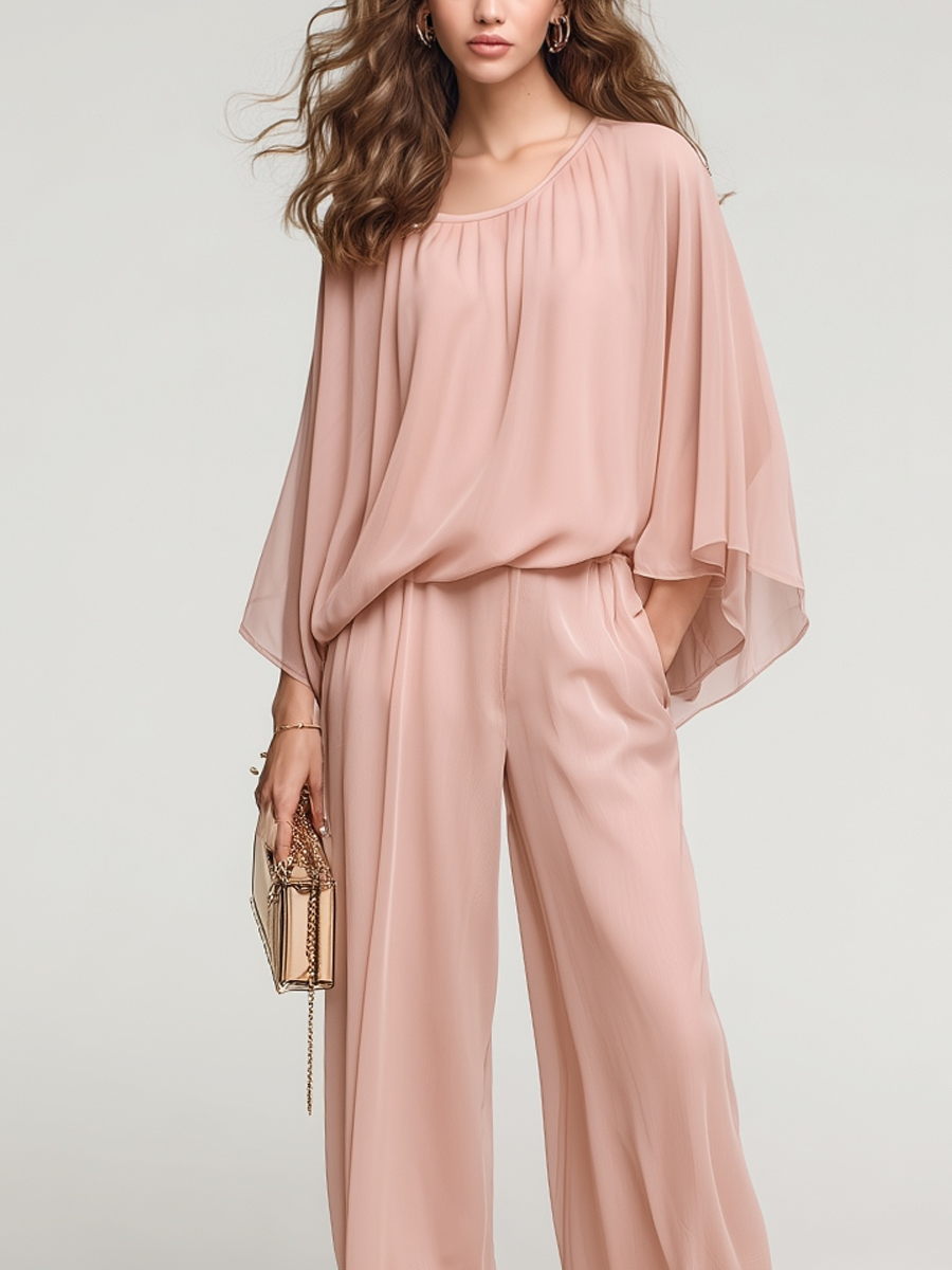 Nude Pink Chiffon Batwing Sleeve Wide-leg Pants Suit