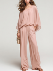 Nude Pink Chiffon Batwing Sleeve Wide-leg Pants Suit