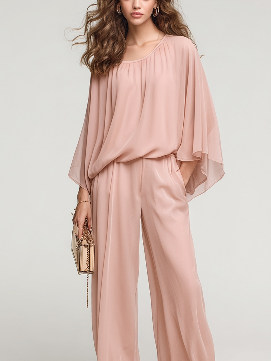 Nude Pink Chiffon Batwing Sleeve Wide-leg Pants Suit