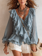 Blue Ruffled Lantern Sleeve Shirt