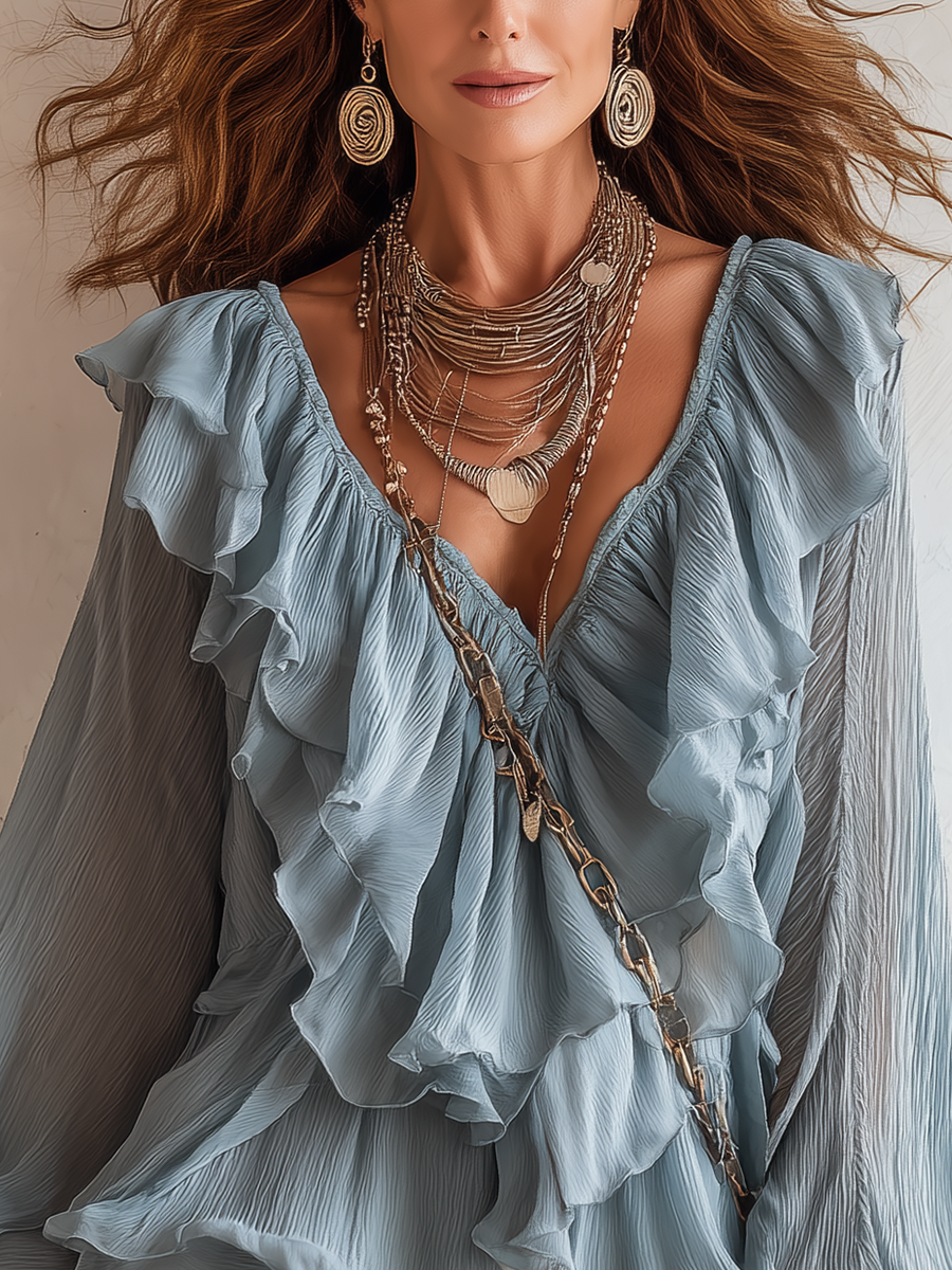 Blue Ruffled Lantern Sleeve Shirt