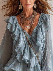 Blue Ruffled Lantern Sleeve Shirt