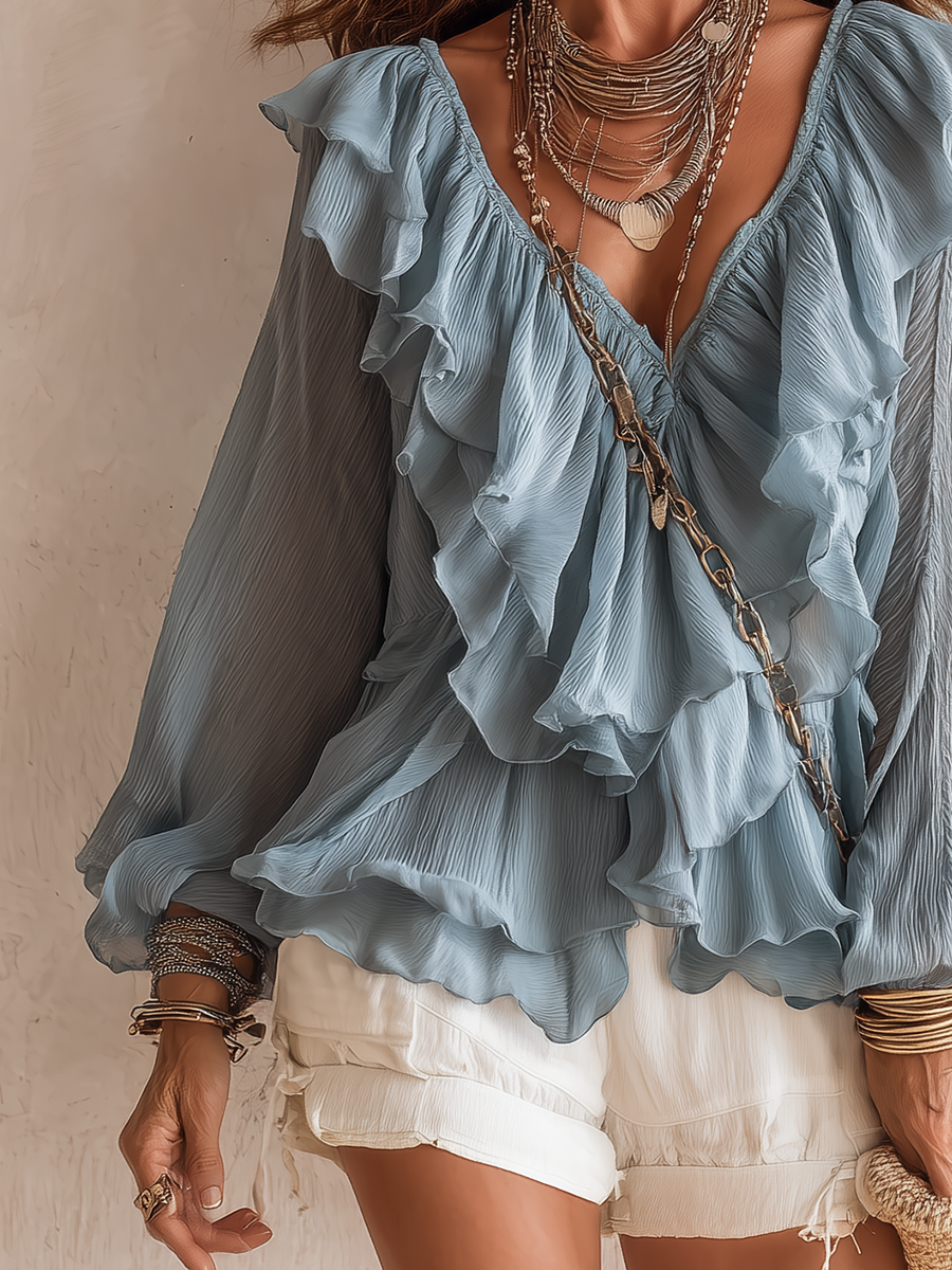 Blue Ruffled Lantern Sleeve Shirt