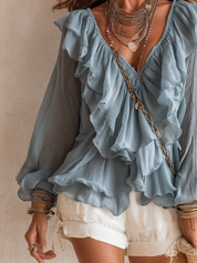 Blue Ruffled Lantern Sleeve Shirt