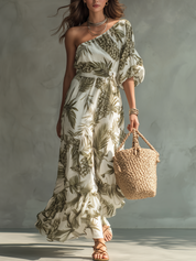 Elegant One-Shoulder Printed Maxi Dress