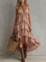 Romantic Lace Trim High-Low Dress
