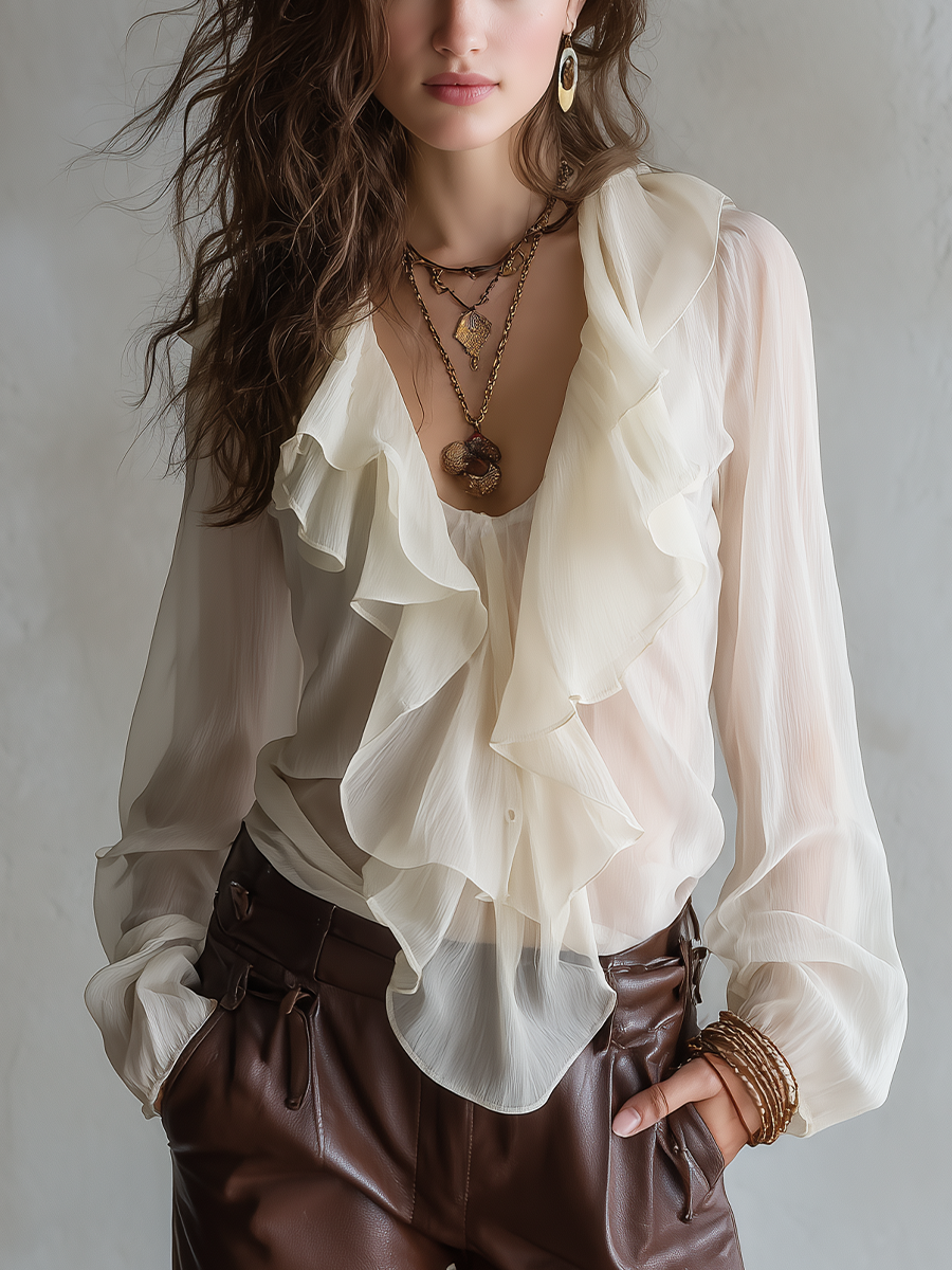 Elegant Sheer Ruffle Blouse