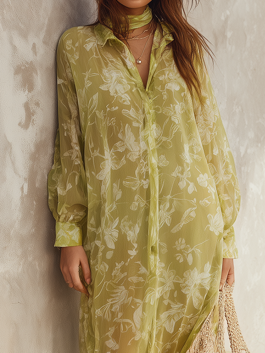 Airy Printed Maxi Shirt Dress