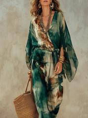 Bohemian Green Tie-dye Batwing Sleeve Top And Pants Set