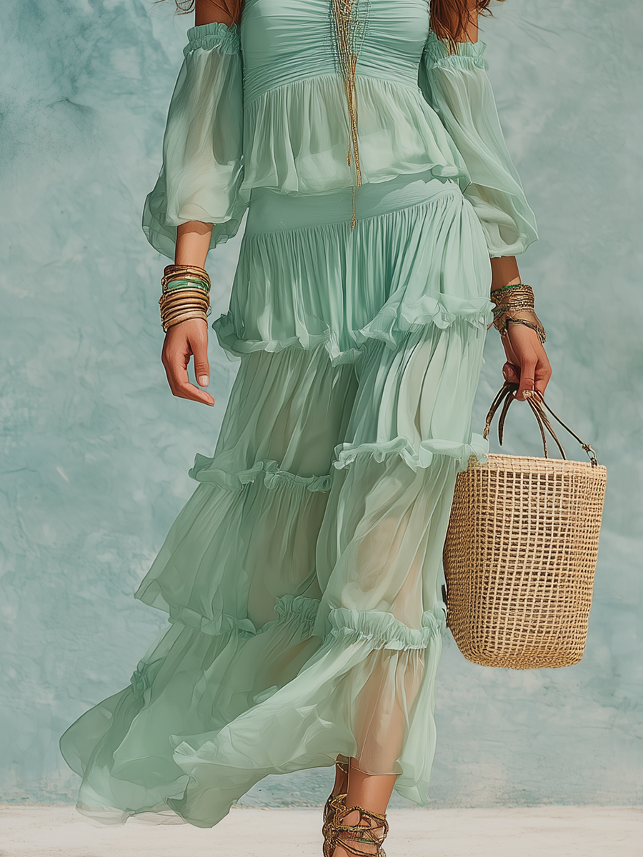 Fresh Mint Green Ruffled Skirt Set
