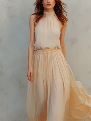 Cream Yellow Striped Halter Top And Skirt Set