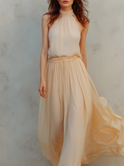 Cream Yellow Striped Halter Top And Skirt Set