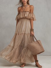 Elegant Taupe Off-Shoulder Sheer Midi Dress
