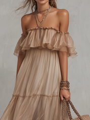 Elegant Taupe Off-Shoulder Sheer Midi Dress