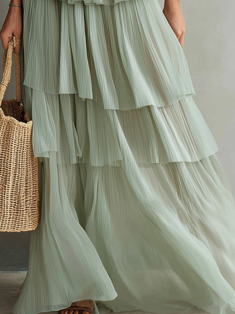 Boho Tiered Pleated Sleeveless Maxi Dress
