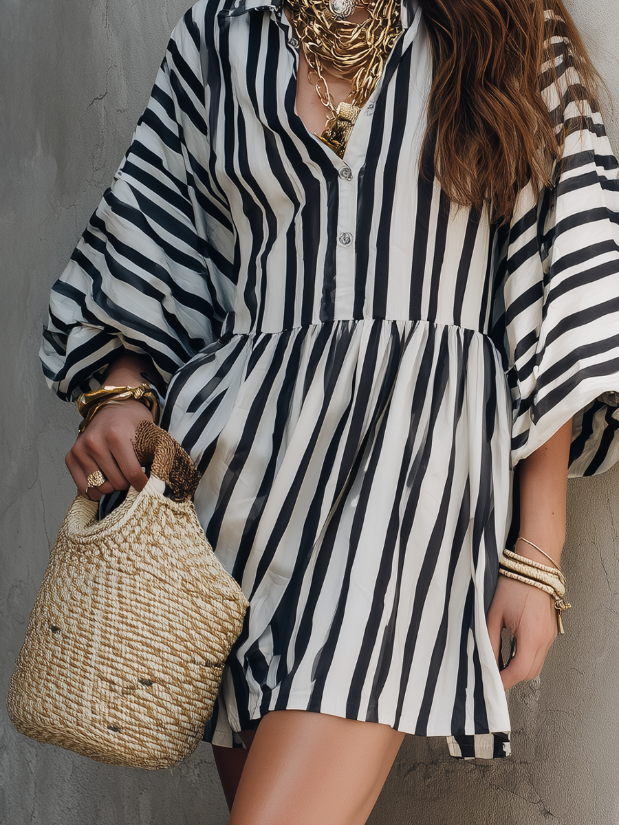 Bohemian Striped Puff Sleeve Mini Dress