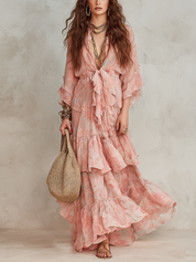 Bohemian Pink Ruffled Floral Maxi Dress