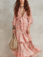 Bohemian Pink Ruffled Floral Maxi Dress