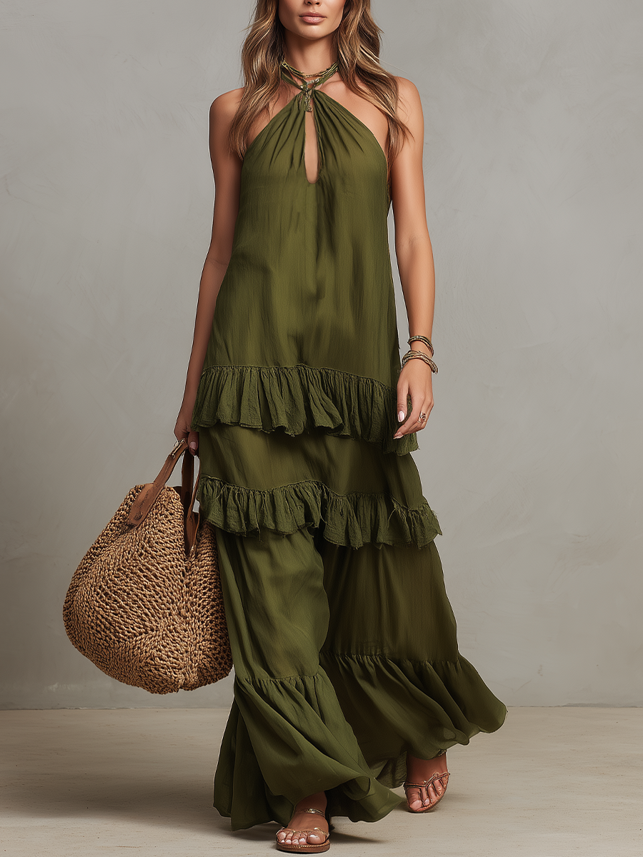 Chic Halter Neck Ruffle Tiered Maxi Dress