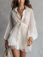 Elegant Sheer Drawstring Waist Shirt Mini Dress