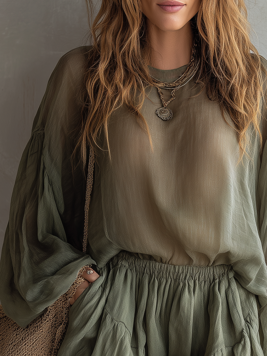 Boho Elastic Waist Bubble Short Set